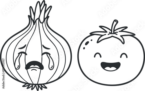 Cute cartoon characters of an onion and a tomato, featuring a sad onion with tears and a happy smiling tomato in a playful line art style