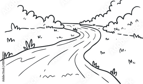 Minimalist line art illustration of a winding road through a peaceful countryside landscape for outdoor and travel design projects