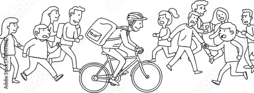 Line art illustration depicting a cyclist delivering goods amidst a busy city crowd, ideal for urban lifestyle themes and delivery services.