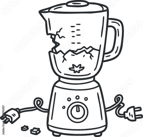Line art vector illustration of a broken blender with a damaged jar, suitable for kitchen-themed designs and repair concepts