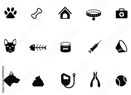 Pet Care Icons Dog Cat Veterinary Supplies Food Health Toy Leash Kennel Bone Collar Paw Paws Vaccine Treatment Fish Poop