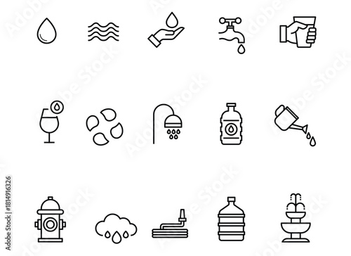 Water Drops Hydration and Water Conservation Vector Icons Collection Showcasing Essential Resources and Environmental
