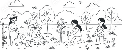 Illustration of a community tree planting event featuring families and children engaged in gardening activities in a natural setting