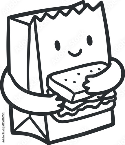 Cute cartoon vector illustration of a happy character holding a sandwich and a takeout bag, perfect for food-related design projects.