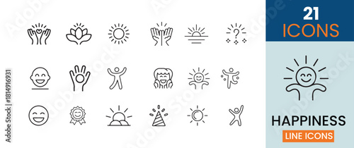 A collection of line icons depicting various concepts related to happiness spirituality and positive emotions.