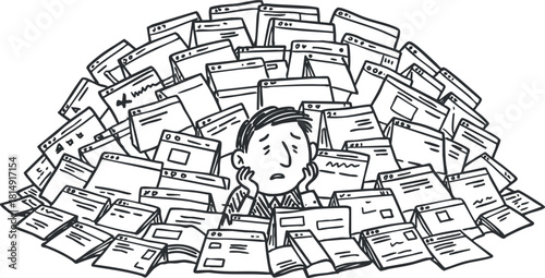 Illustration of a stressed individual overwhelmed by a mountain of paperwork and digital files, conveying the burden of excessive workload