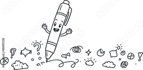 Playful cartoon vector illustration of a happy pen surrounded by doodles and creative symbols for educational and design projects