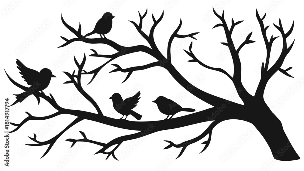 Naklejka premium Black Silhouette Illustration of Four Small Birds on a Decorative Tree Branch