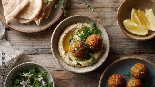 Wallpaper Mural Wooden table with a variety of food items arranged on it. on the left side of the table, there is a plate of pita bread and a small bowl of hummus. Torontodigital.ca