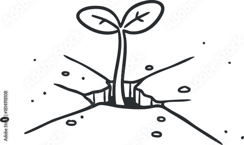 Minimalist line art illustration of a sprouting seedling emerging from the soil, symbolizing growth and new beginnings in nature