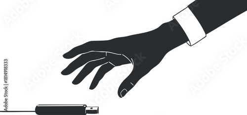 Outline vector illustration of a hand reaching for a USB connector, symbolizing digital connection and interaction in technology.