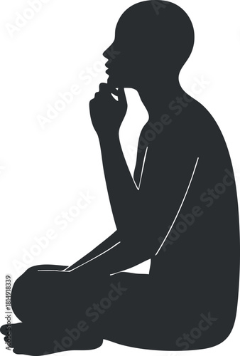 Minimalist silhouette vector illustration of a thoughtful person sitting in a meditative pose, ideal for wellness and mindfulness concepts