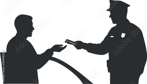 Silhouette vector illustration depicting a police officer interacting with a citizen during a traffic stop or law enforcement situation