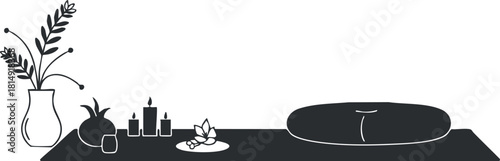 Minimalist black and white vector illustration of a serene wellness space featuring candles, a plant, and a meditation cushion for relaxation and home decor.