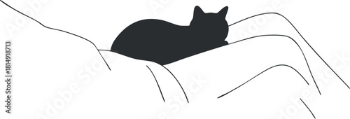 Minimalist black and white vector illustration of a resting cat silhouette, perfect for home decor and pet-themed designs
