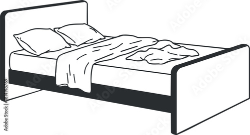 Minimalist outline vector illustration of a modern bed design featuring pillows and bedding elements for interior decor.