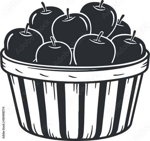 Vintage black and white vector illustration of a wooden basket filled with fresh apples, ideal for food-themed design projects.