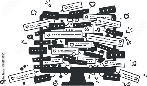 Playful black and white vector illustration of a computer screen filled with chat messages and text bubbles for communication and social media concepts