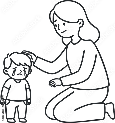 Illustration of a caring mother comforting her sad child, showcasing emotional support and nurturing in a minimalist style
