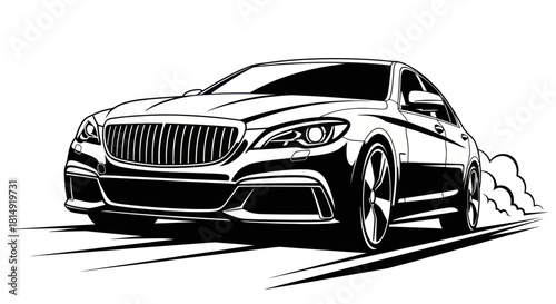 Sleek Black Sedan Drifting with Smoke Effect Vector Illustration.