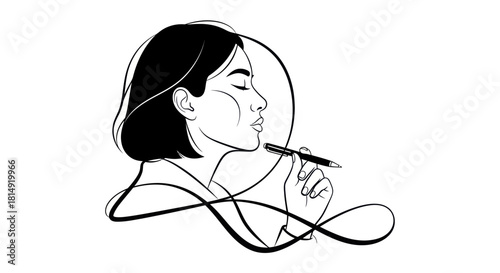 Minimalist Line Art Portrait of Woman Vaping with Closed Eyes.