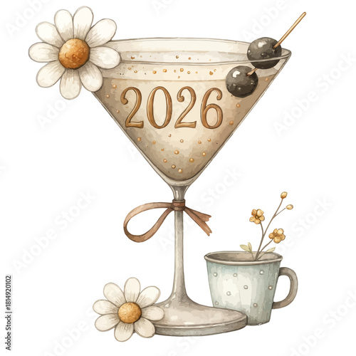 Watercolor Martini Cocktail Glass with Olives and Flowers New Year 2026 Vector Illustration
