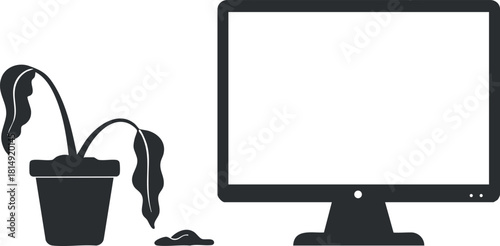 Minimalist black and white vector illustration of a computer monitor and a potted plant for workspace design and decor