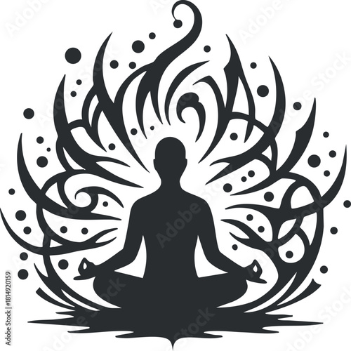 Abstract black silhouette of a meditating figure surrounded by flowing organic shapes and energy symbols for wellness and mindfulness designs