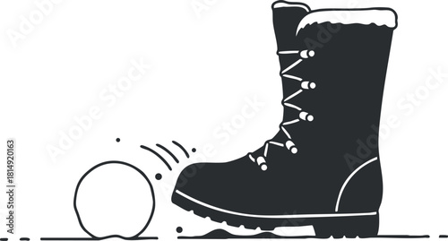 Minimalist black and white vector illustration of a winter boot kicking a snowball, ideal for seasonal design projects