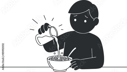 Minimalist black and white vector illustration of a child pouring milk into a bowl of cereal for breakfast