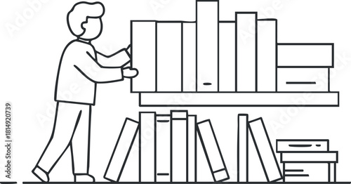 Outline vector illustration of a person organizing books on a shelf, representing education and knowledge management for library or study contexts