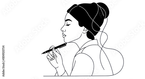 Woman holding a pen in a minimalist line art style.