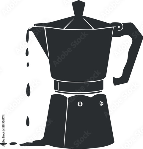 Stylized black and white vector illustration of a moka pot with dripping coffee, ideal for kitchen and café designs.