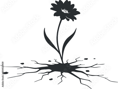 Stylized black silhouette vector illustration of a flower growing from cracked soil, symbolizing resilience and nature.