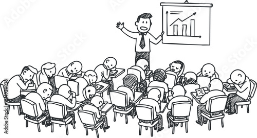 Hand-drawn vector illustration of a classroom presentation featuring a teacher explaining growth charts to engaged students.