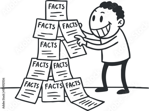 Playful cartoon vector illustration of a character stacking papers labeled 'FACTS' for educational and informational purposes