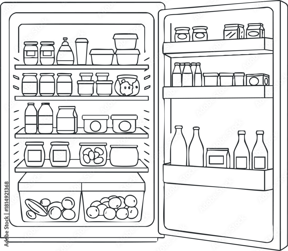 Fototapeta premium Outline vector illustration of a refrigerator filled with various food items, jars, and beverages for kitchen design and organization concepts