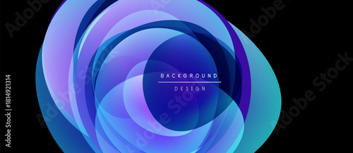 Abstract flowing layers create vibrant circular design. Blue, purple hues dominate composition, suggesting depth, movement. Modern aesthetic.