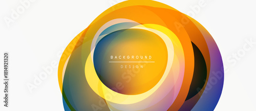 Abstract colorful circles overlap creating dynamic background design. Gradient hues blend smoothly, offering modern aesthetic.