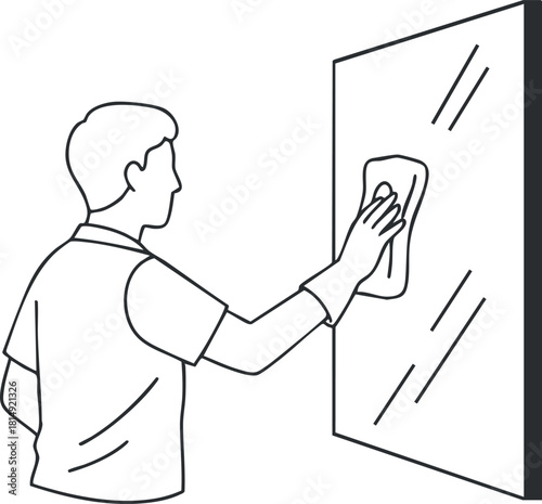 Outline vector illustration of a person cleaning a window with a squeegee, suitable for cleaning service branding or household maintenance.