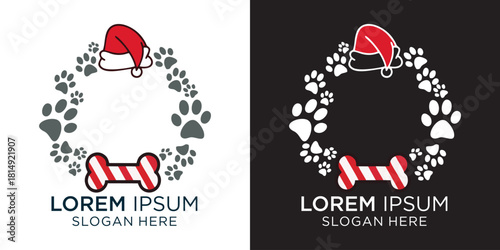 Christmas pet logo design featuring paw prints, Santa hat, and bone ready for holiday marketing promotions, perfect for groomers, vets, and pet supply businesses