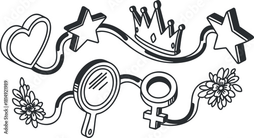 Whimsical hand-drawn vector illustration featuring hearts, stars, a crown, a mirror, and flowers for creative projects