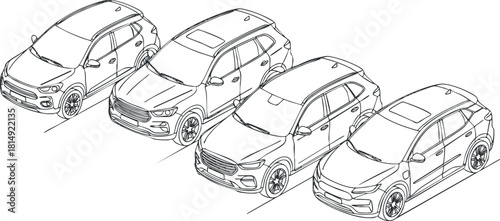 Outline vector illustration of a modern SUV car collection showcasing various designs for automotive branding and marketing projects