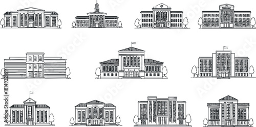 Linear vector illustration set featuring various architectural styles of public buildings for design and branding projects