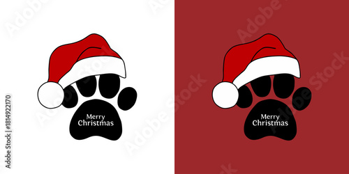 Festive paw print wearing a Santa hat wishing Merry Christmas on white and red backgrounds, perfect for holiday cards, pet-themed greetings, and seasonal designs, a cute and joyful holiday