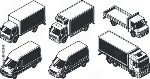 Collection of minimalist black and white vector illustrations of various truck designs for logistics and transportation projects
