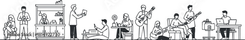 Minimalist line art illustration depicting various people engaged in diverse activities at home and in the workspace