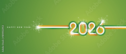 2026 New Year continuous ribbon. Abstract green white orange flag of Ireland in the shape of 2026 logo with sparkle firework for calendar, banner, poster, social media post