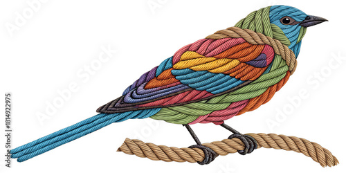 Colorful rope bird png | Colorful rope bird perched on a branch detailed texture and vibrant colors isolated on white background