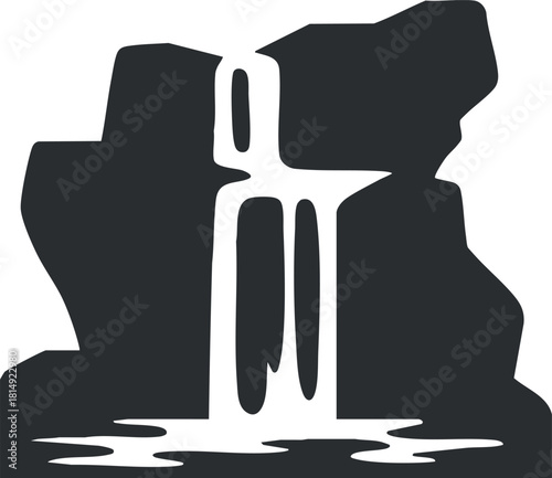Minimalist black and white vector illustration of a waterfall cascading over rocks, ideal for nature-themed designs.